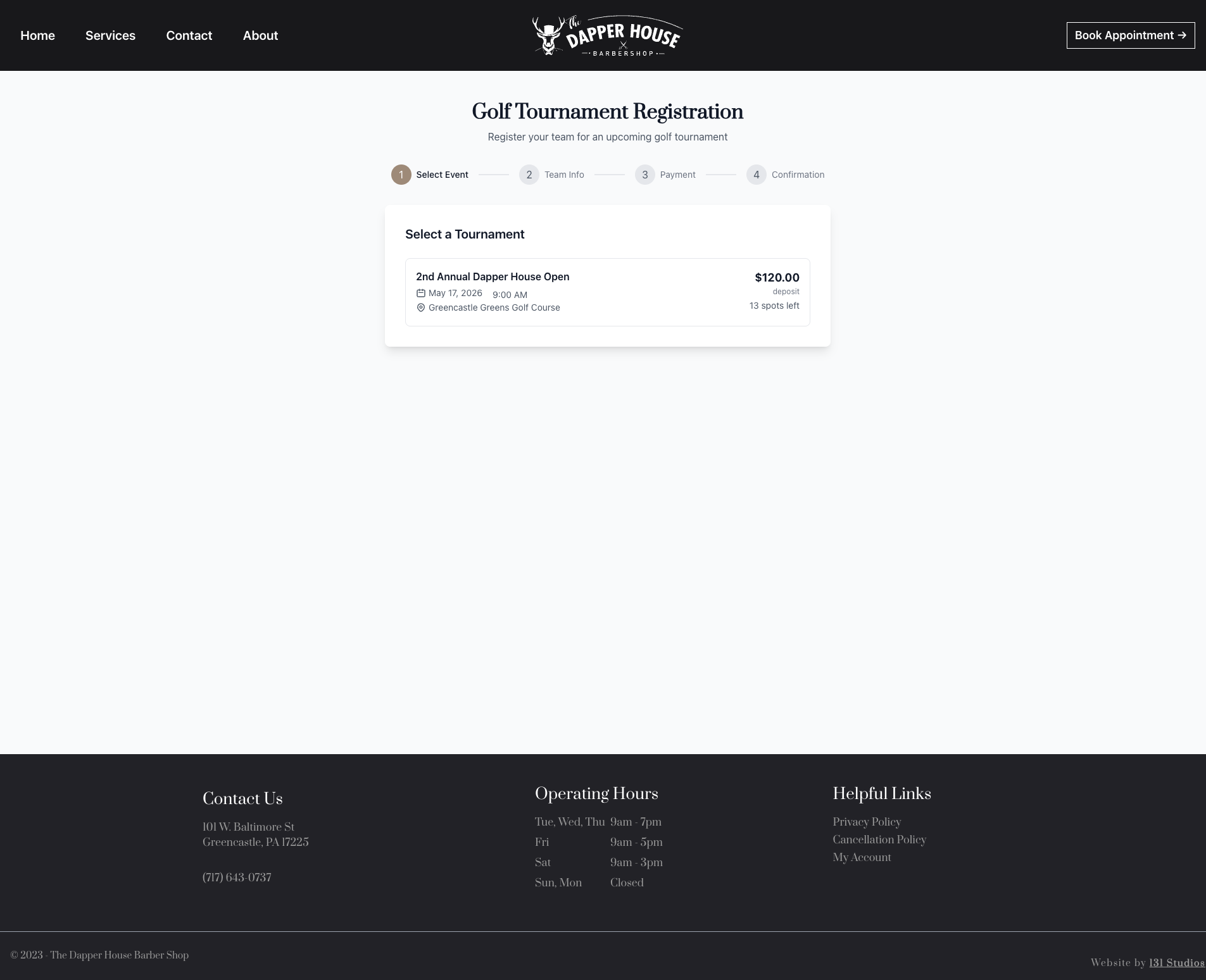 Dapper House Barber Shop golf tournament event registration page website