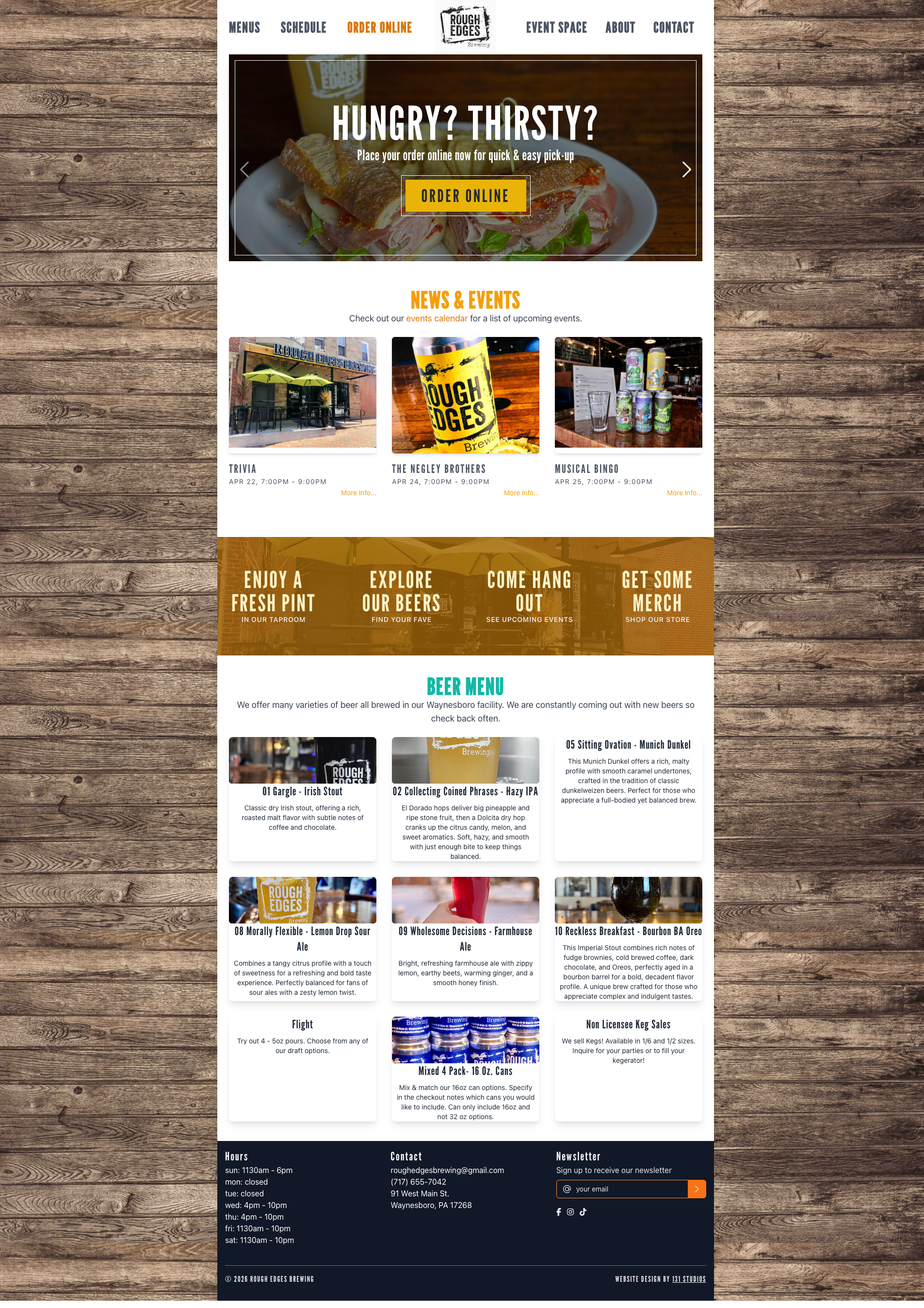 Rough Edges Brewing website homepage featuring taproom menu and events calendar